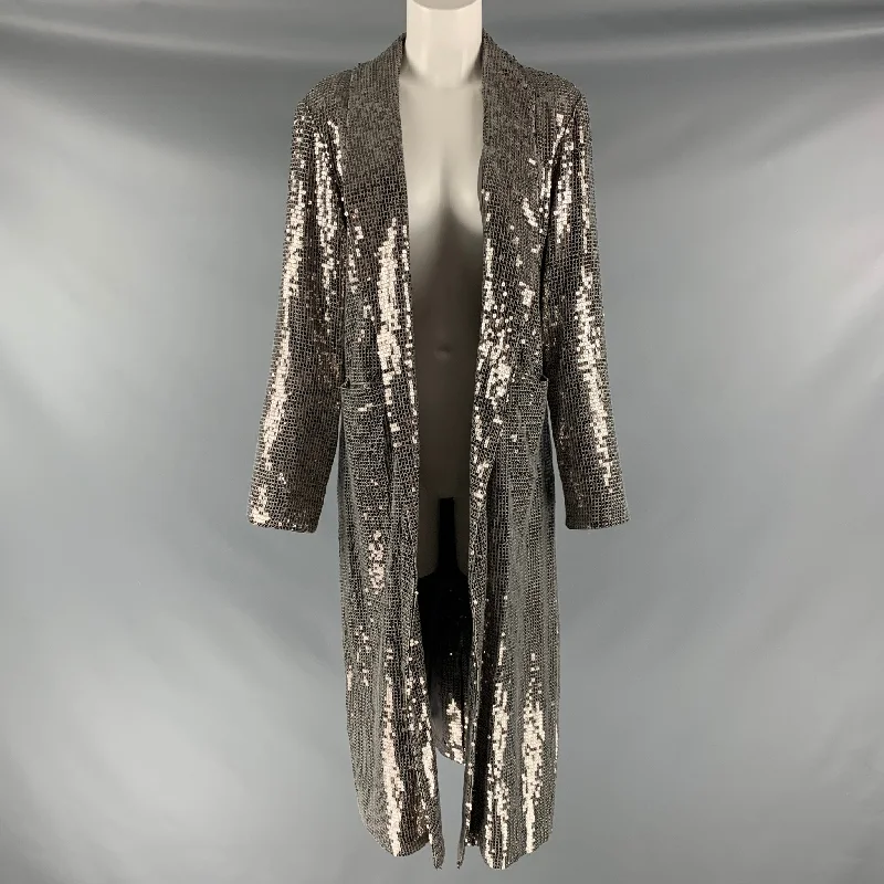 ALICE + OLIVIA Size S Silver Viscose Sequined Open Front Coat Houndstooth Coat Plaid Coat Tartan Coat ALICE + OLIVIA Size S Silver Viscose Sequined Open Front Coat Houndstooth Coat Plaid Coat Tartan Coat