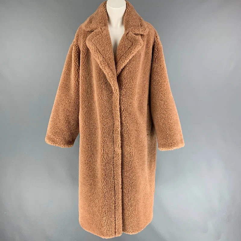 STAND STUDIO Size L Tan Faux Fur Maria Coat Cape Coat Herringbone Coat Tweed Coat