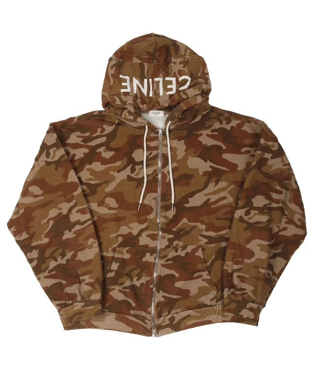 Camo Zip Up Sweatshirt Hoodie with Set-In Sleeves Structured Classic