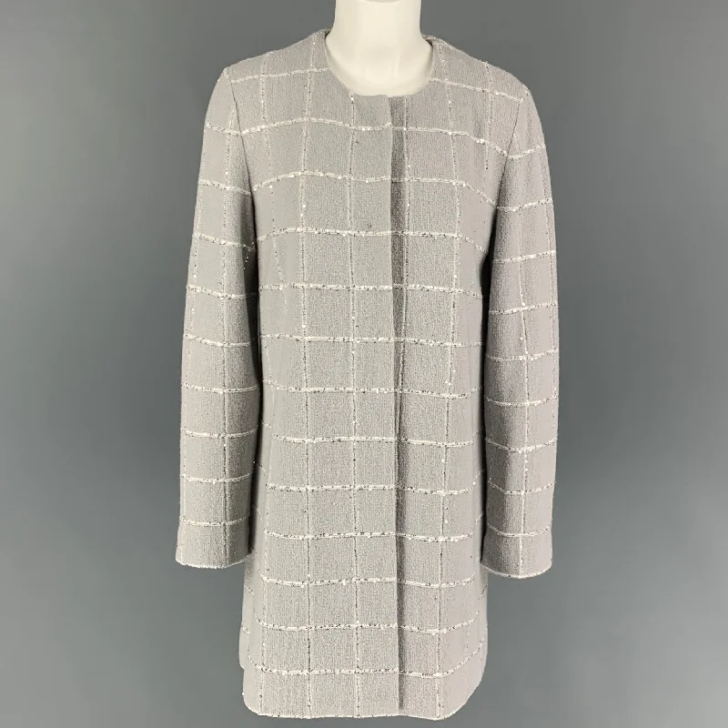 AMINA RUBINACCI Size 10 Light Gray Wool Blend Knitted Collarless Coat Trench Raincoat Windbreaker AMINA RUBINACCI Size 10 Light Gray Wool Blend Knitted Collarless Coat Trench Raincoat Windbreaker