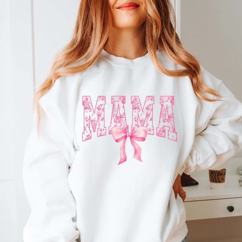 Mama Pink Floral Bow Graphic Sweatshirt Hoodie with Hem Drawcord Adjustable Customizable Mama Pink Floral Bow Graphic Sweatshirt Hoodie with Hem Drawcord Adjustable Customizable