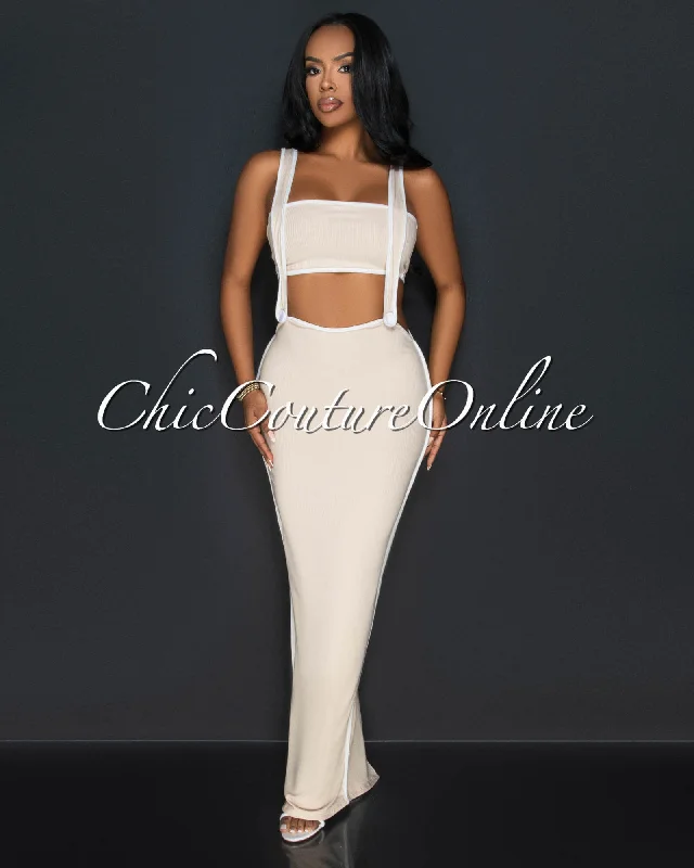 Ola Nude White Tube Crop Top & Overall Skirt Set Print Jacquard Patchwork