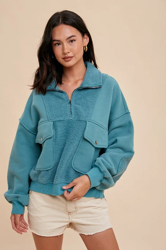 Teal Contrast Reversed Fleece 1/4 Zip Pullover Shirred Sleeve Feminine