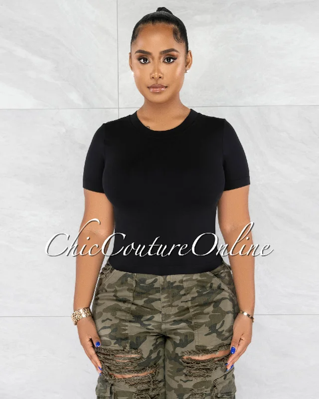 Janice Black Round Neckline Crop Top Mesh Blend Leather Blend Suede Blend