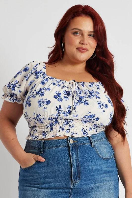 White Ditsy Crop Top Short Sleeve Ruched Bust Machine Wash Dry Clean Hand Wash