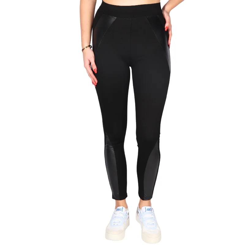 WOTTO - Faux leather stripes leggings Stylish Pockets Active Leggings