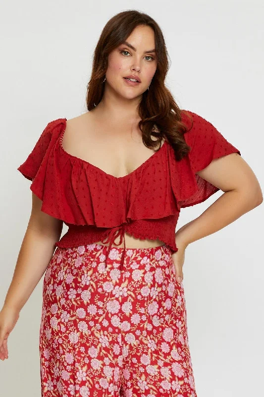 Rust Crop Top Short Sleeve Frill Cotton Fabric Linen Fabric Terry Fabric