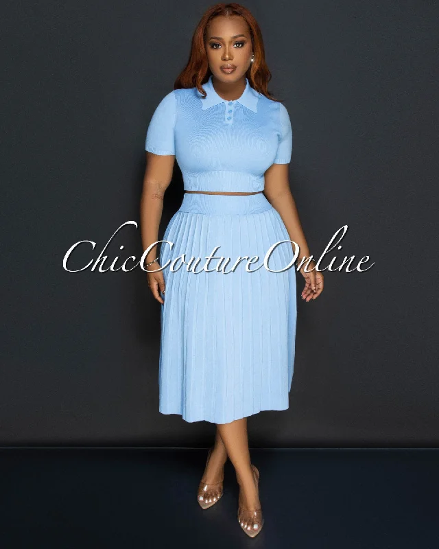 Senna Baby Blue Tennis Crop Top & Skirt Set Terry Blend Velvet Blend Canvas Blend