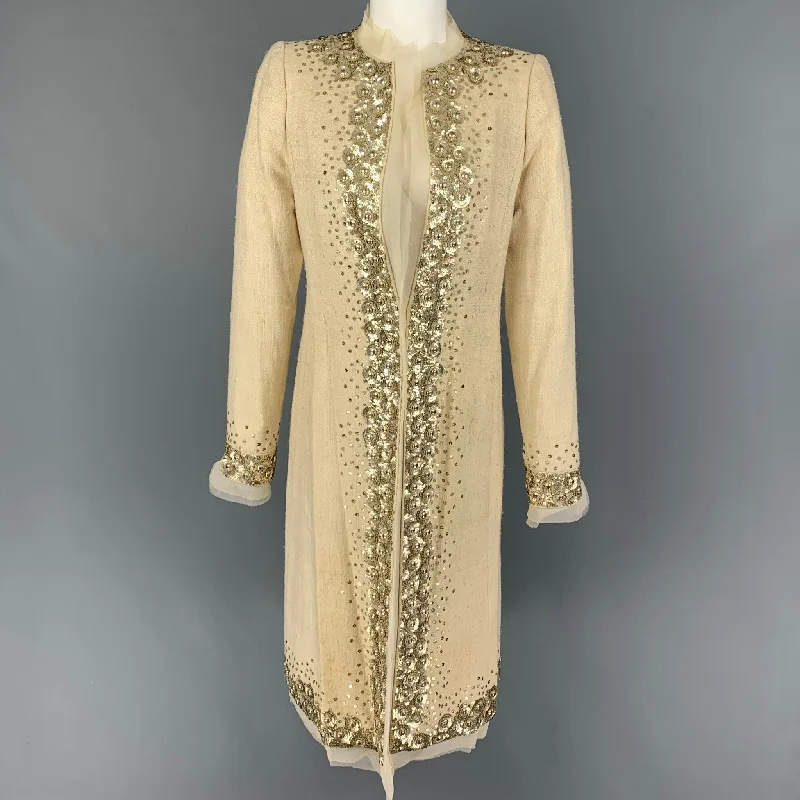 OSCAR DE LA RENTA Size 6 Beige Sequined Open Front Coat Boat Shawl Notched