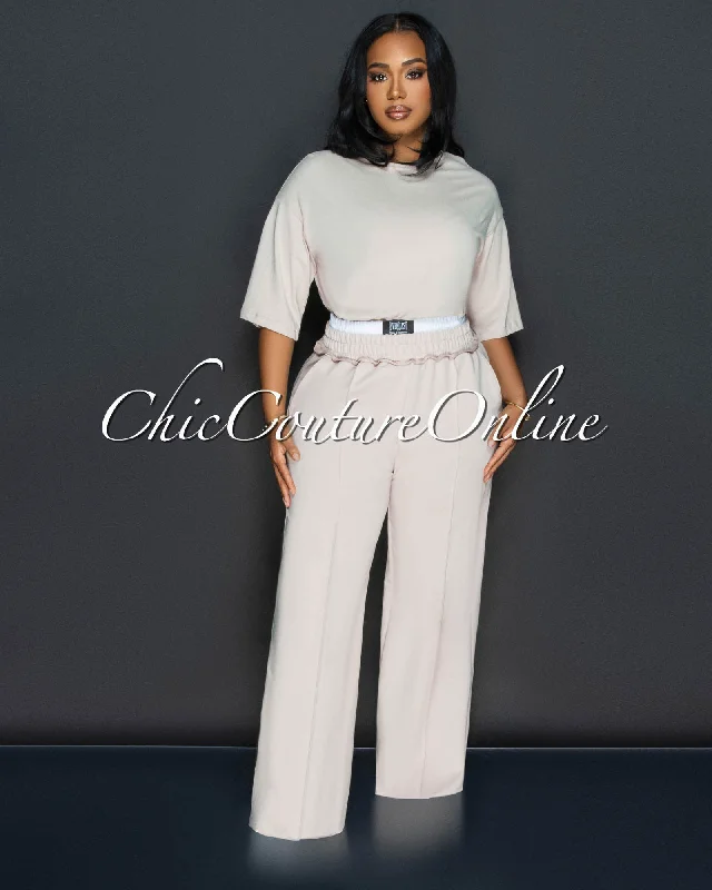 Clarkie Beige White Crop Top & Pants Set Collared Crew Neck Turtle Neck