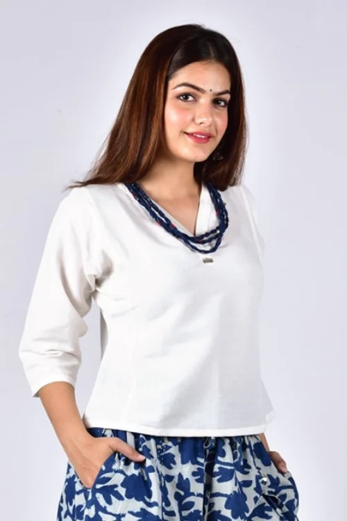 Dharan "Linen Crop Top" White Top Anti-Shrink Durable Soft