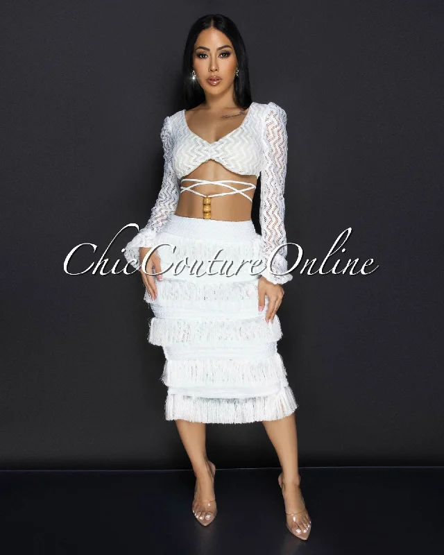 Sonnet White Lace Crop Top & Fringe Skirt Set Polka Dot Checkered Tartan