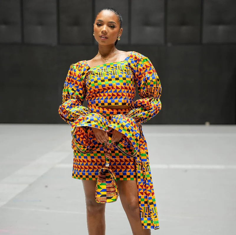 Afia Kente Crop Top and Drape Skirt Set Solid Color Striped Floral