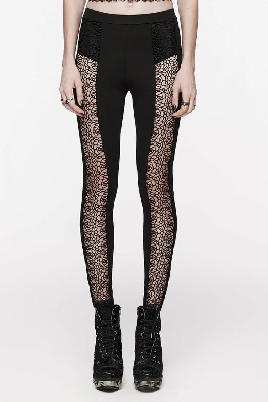 Black Floral Print Hollow Stitching Lace Slim Women's Gothic Leggings Fashionable High-Rise Workout Leggings