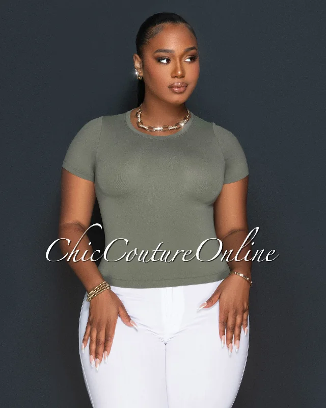 Lona Olive Green Round Neck Crop Top Rayon Fabric Velvet Fabric Corduroy Fabric