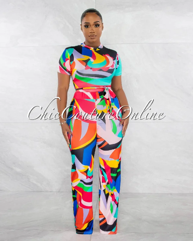 Eileen Multi-Color Waist Tie Crop Top & Wide Pants Set Silk Blend Satin Velvet