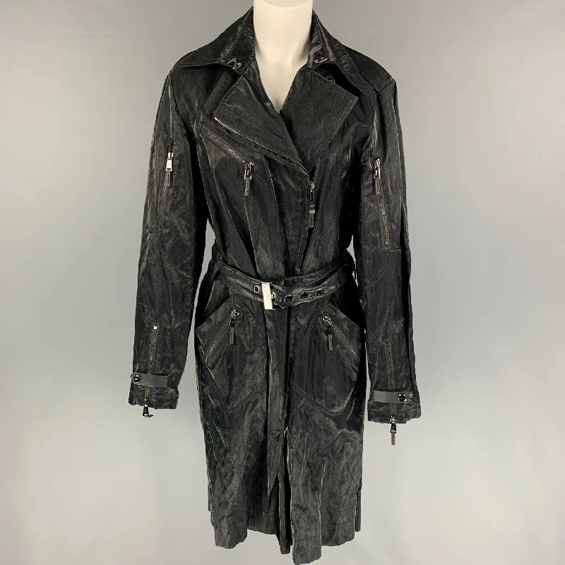 RALPH LAUREN Black Label Size 12 Black Cotton Silk Shiny Belted Coat Cardigan Sweater Pullover RALPH LAUREN Black Label Size 12 Black Cotton Silk Shiny Belted Coat Cardigan Sweater Pullover