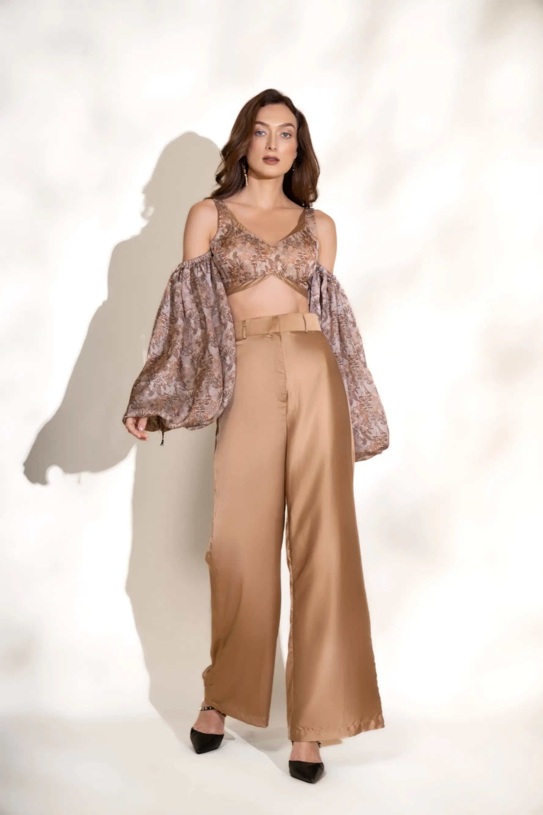 Auric Gold Printed Crop Top and Pants Co-ord Set Polka Dot Checkered Tartan