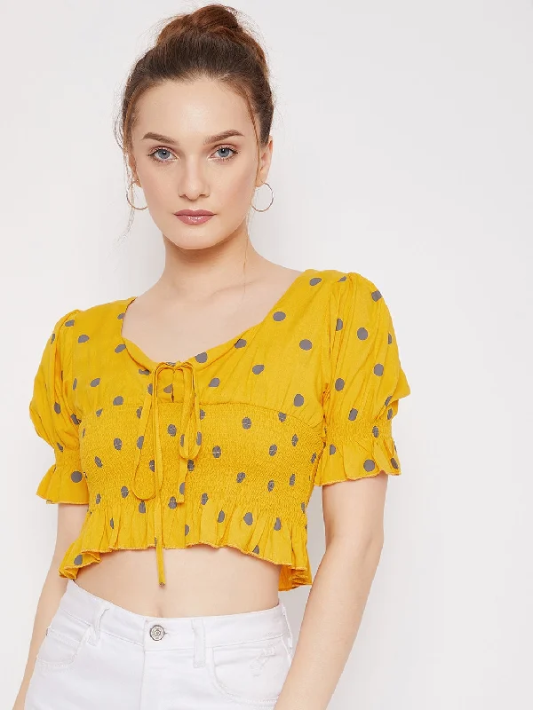 Berrylush Women Yellow & Grey Polka Dot Printed V-Neck Ruffle Trim Shirred Crop Top Houndstooth Herringbone Solid Berrylush Women Yellow & Grey Polka Dot Printed V-Neck Ruffle Trim Shirred Crop Top Houndstooth Herringbone Solid