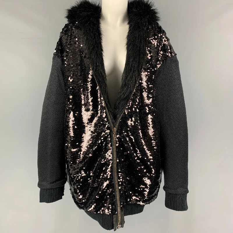 FAITH CONNEXION Size M Black Acrylic Blend Textured Faux Fur Reversible Coat Striped Polka Dot Floral FAITH CONNEXION Size M Black Acrylic Blend Textured Faux Fur Reversible Coat Striped Polka Dot Floral