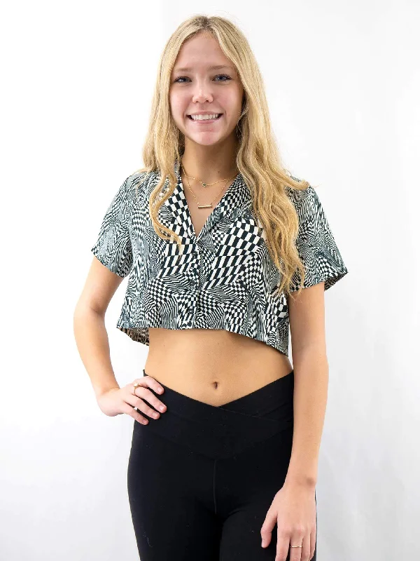 Black and White Retro Print Crop Top Sequined Glittery Shiny