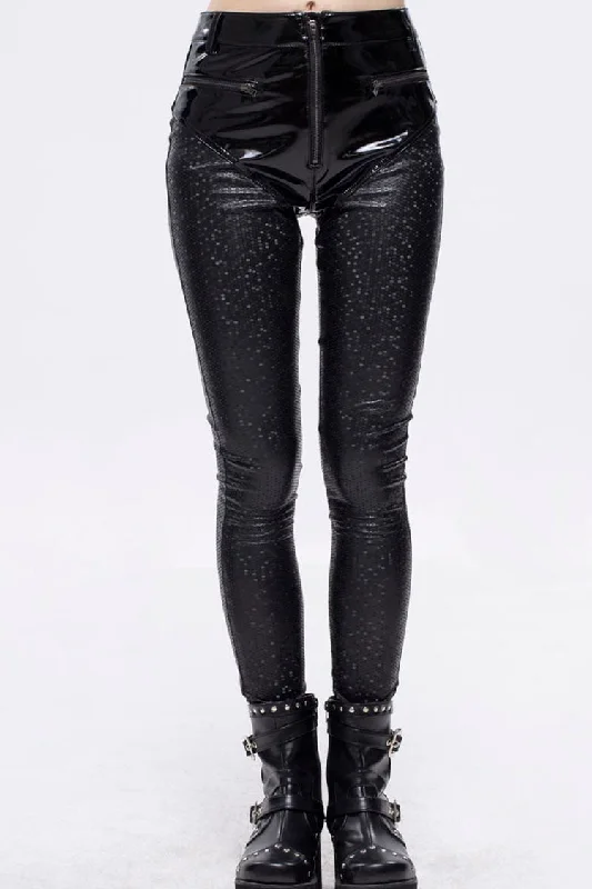 Black Gothic Hexagon Pattern Irregular Star Reflection Shiny Elasticity Leather Women's Leggings Trendy Side-Pocket Leggings Black Gothic Hexagon Pattern Irregular Star Reflection Shiny Elasticity Leather Women's Leggings Trendy Side-Pocket Leggings