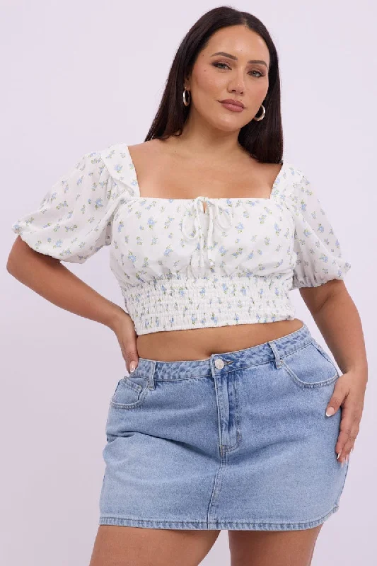 Blue Ditsy Crop Top Short Sleeve Square Neck Cotton Fabric Linen Fabric Terry Fabric Blue Ditsy Crop Top Short Sleeve Square Neck Cotton Fabric Linen Fabric Terry Fabric