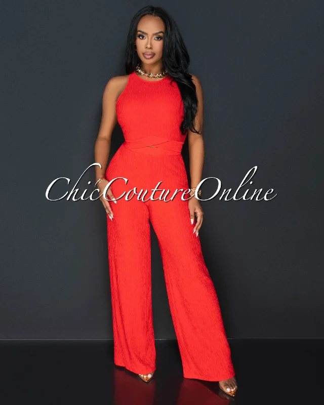 Rohana Orange Crop Top & Wide Pants Textured Set Fleece Nylon Spandex