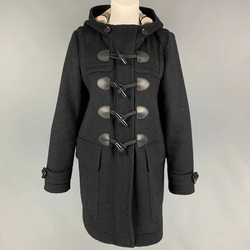 BURBERRY BRIT Size 8 Black Wool Hooded Coat Suede Faux Fur Shearling