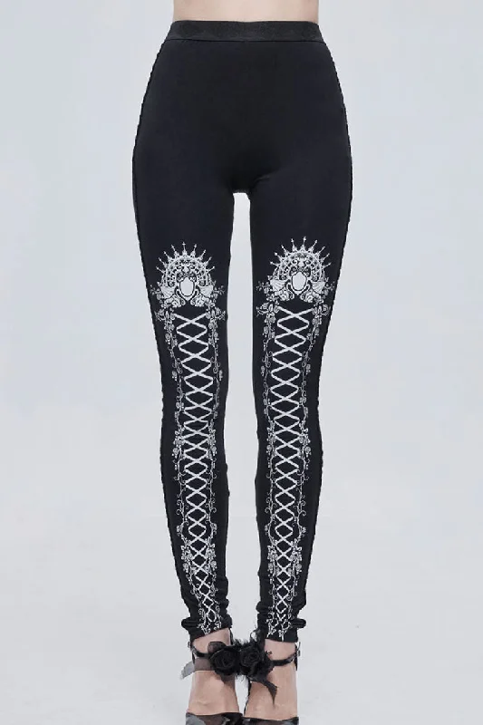 Black/White Gothic Printed Decoration Tie-Rope Elasticity Women's Leggings Trendy Color Block Leggings Black/White Gothic Printed Decoration Tie-Rope Elasticity Women's Leggings Trendy Color Block Leggings