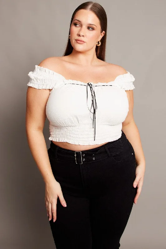 White Crop Top Short Sleeve Shirred Waist Boxy Fit Fitted Loose