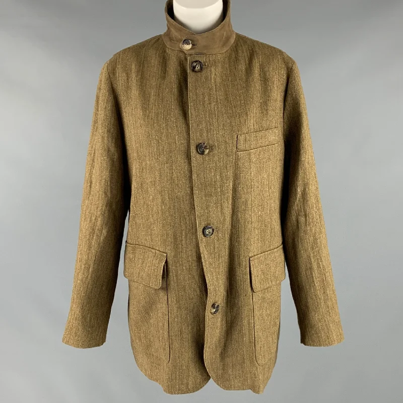 LORO PIANA Size S Brown Olive Flax Herringbone Zip Up Coat Toggle Coat Shawl Collar Coat Notch Collar Coat LORO PIANA Size S Brown Olive Flax Herringbone Zip Up Coat Toggle Coat Shawl Collar Coat Notch Collar Coat