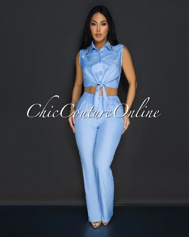 Azura Blue White Stripes Crop Top & Pants Set Chenille Brocade Lace