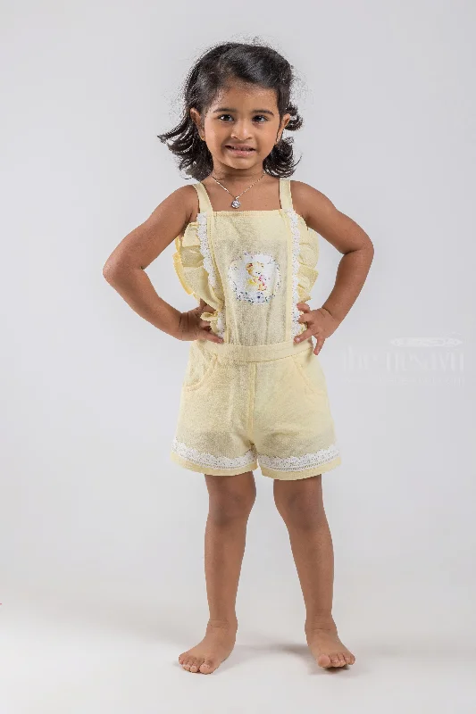 Cute Teddy Bear Printed Sleeveless Yellow Top and Blue Trouser Set for Baby Girls Skinny Trousers Denim Stretchy