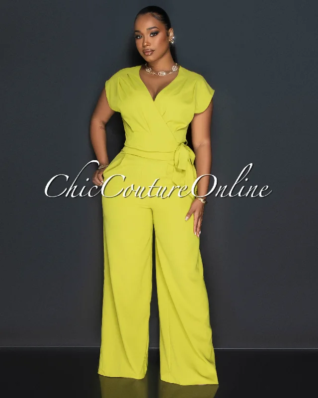 Florent Lime Wrap Crop Top & Wide Pants Set Notch Collar Peter Pan Collar Cowl Neck