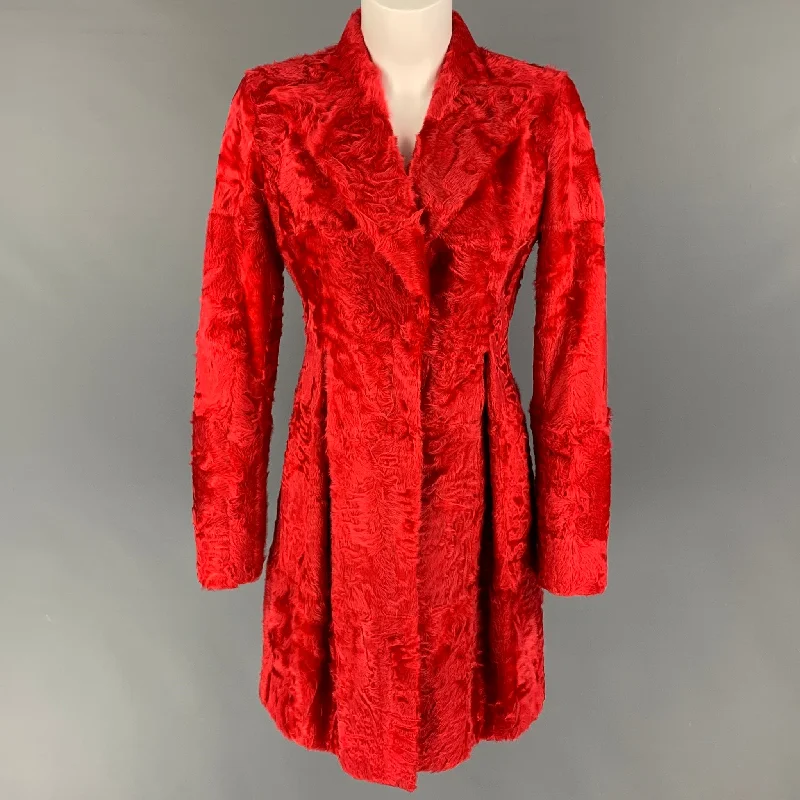 GIAMBATTISTA VALLI Size 6 Red Textured Lamb Shearling Snaps Coat Asymmetrical Collar Hooded Zippered GIAMBATTISTA VALLI Size 6 Red Textured Lamb Shearling Snaps Coat Asymmetrical Collar Hooded Zippered