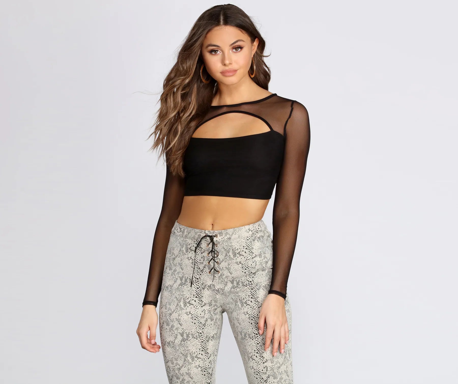 Cut Out Mesh Crop Top Collared Crew Neck Turtle Neck