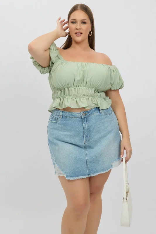 Green Ruffle Crop Top Puff Sleeve Welt Pockets Slit Pockets Flap Pockets