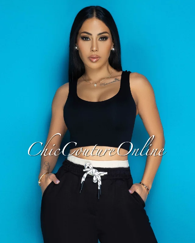 Halima Black Sleeveless Crop Top Cotton Fabric Linen Fabric Terry Fabric