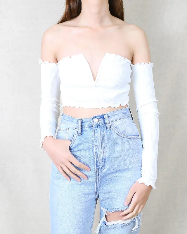 Reverse - Pretty Lady Ribbed Crop Top with Long Sleeves in White Mesh Canvas Denim