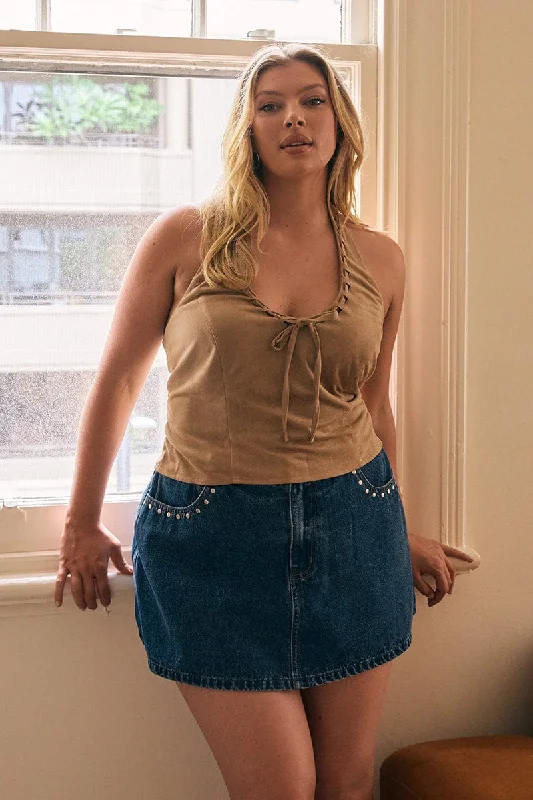 Beige Crop Top Halter Neck Suede Mesh Blend Leather Blend Suede Blend