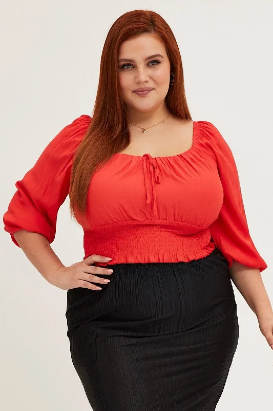Red 3/4 Sleeve Gathered Bust Crop Top Denim Fabric Leather Fabric Suede Fabric