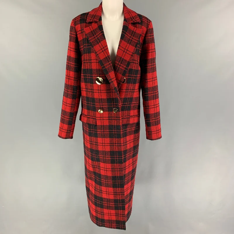 MOTHER OF PEARL Size 8 Red Navy Wool Plaid Notch Lapel Coat Houndstooth Jacket Shearling Jacket Fleece Jacket MOTHER OF PEARL Size 8 Red Navy Wool Plaid Notch Lapel Coat Houndstooth Jacket Shearling Jacket Fleece Jacket