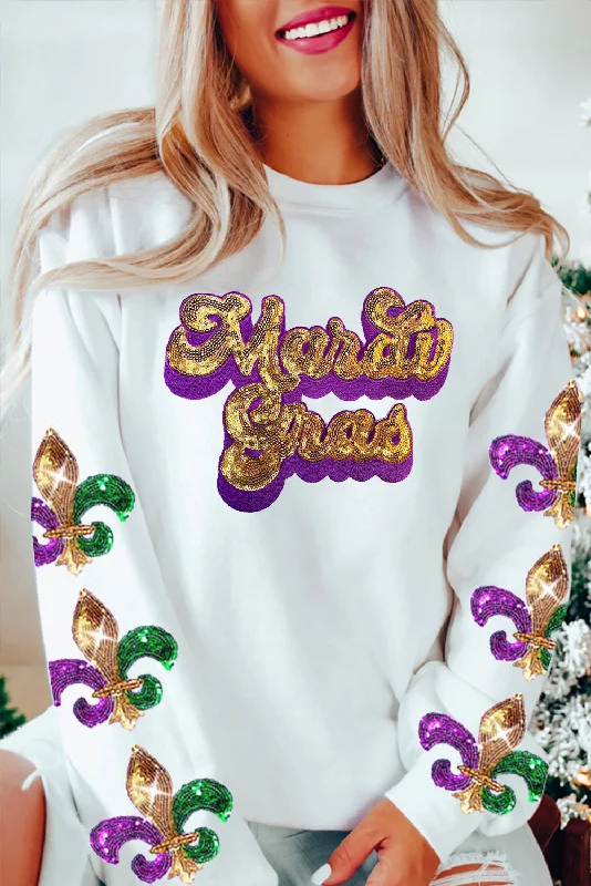 Beige Sequin Mardi Gras Patched Pattern Fleur de Lis Sleeve Sweatshirt Hoodie Dress Longline Feminine Beige Sequin Mardi Gras Patched Pattern Fleur de Lis Sleeve Sweatshirt Hoodie Dress Longline Feminine