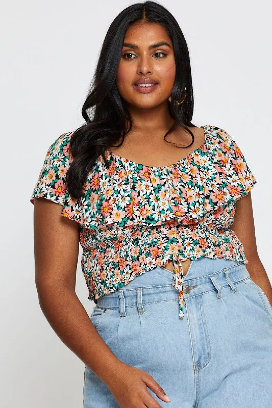 Ditsy Print Crop Top Short Sleeve Frill Fleece Fabric Down Fabric Feather Fabric