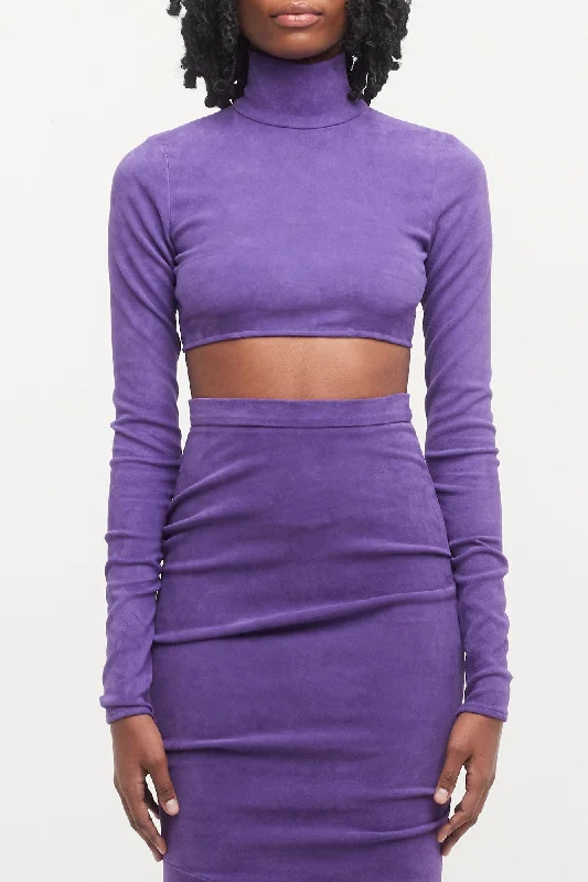 LaQuan Smith Leather Crop Top in Grape Spandex Blend Rayon Blend Denim Blend