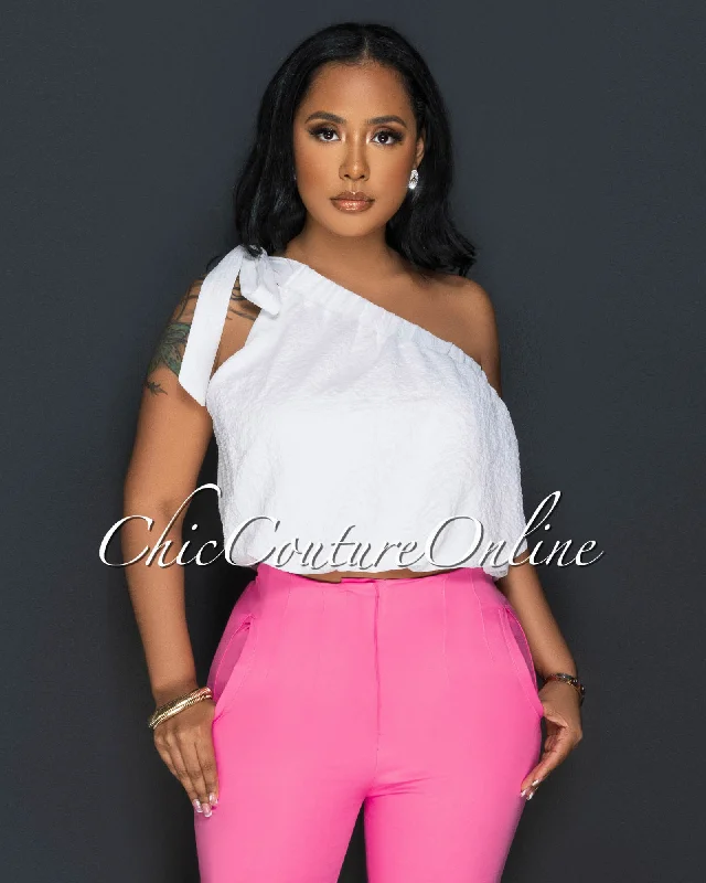 Taraz Off-White Self-Tie Single Shoulder Crop Top Sequined Glittery Shiny