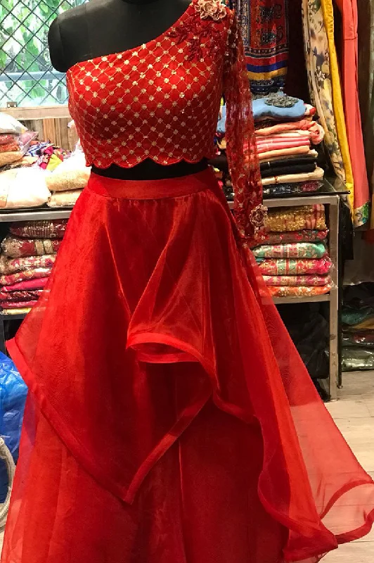Blood Red Crop Top Skirt Elegant Classic Vintage