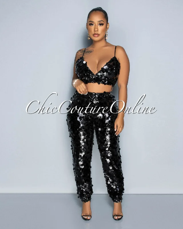 Bouser Black Iridescent Sequins Crop Top & Pants Set Casual Formal Business