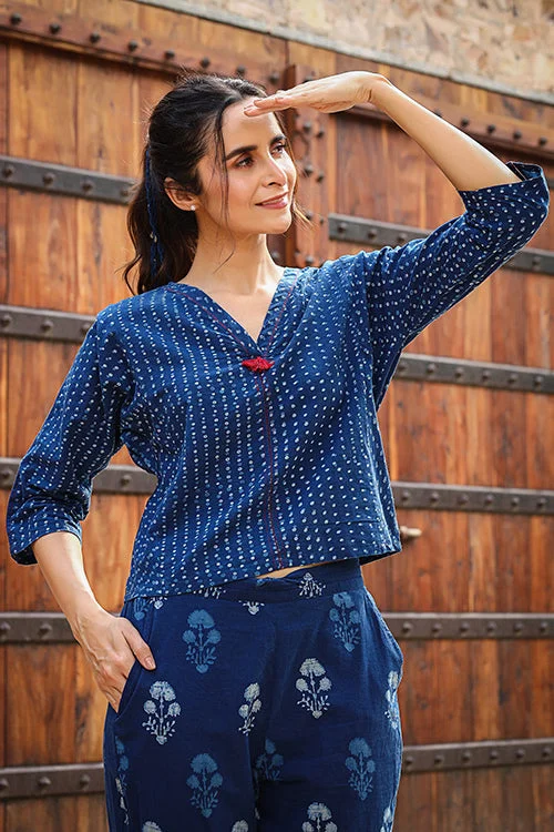 Dharan "Jimi Crop Top" Indigo Block Printed Top Cozy Warm Stylish
